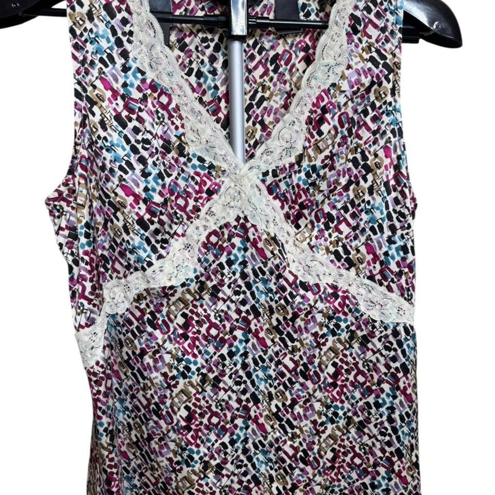 Liz Claiborne Vintage Y2K Silk Abstract Print Lace Trim V-Neck Tank Top Size 10